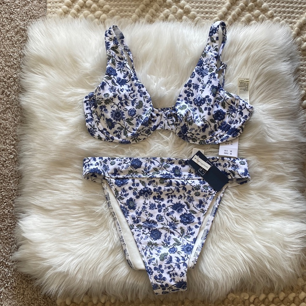 Blue and white floral print bikini bottoms